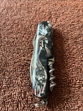 Multi-Tool Pocket Knife with Native Wolf Design - Black and Gray